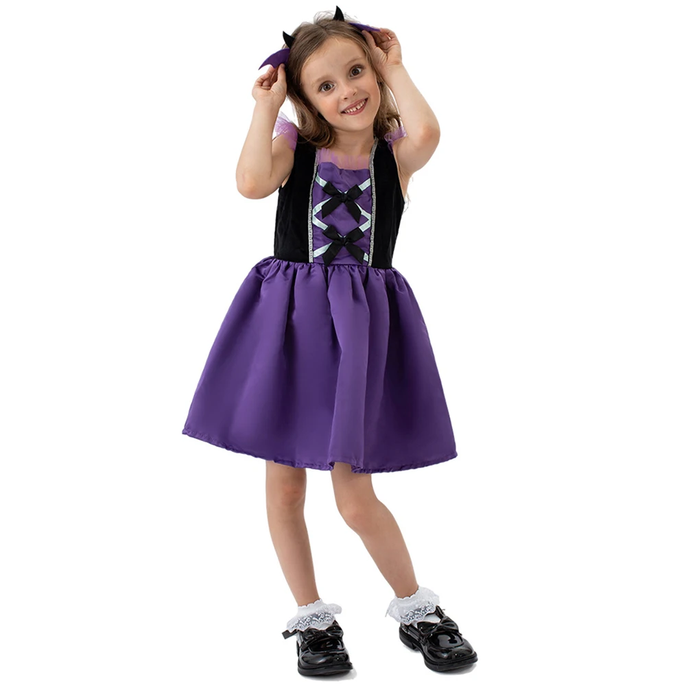 

Girls Bat Vampire Costume Halloween Girl Devil Cosplay Purple Dress With Bat Headband for Girls Costume