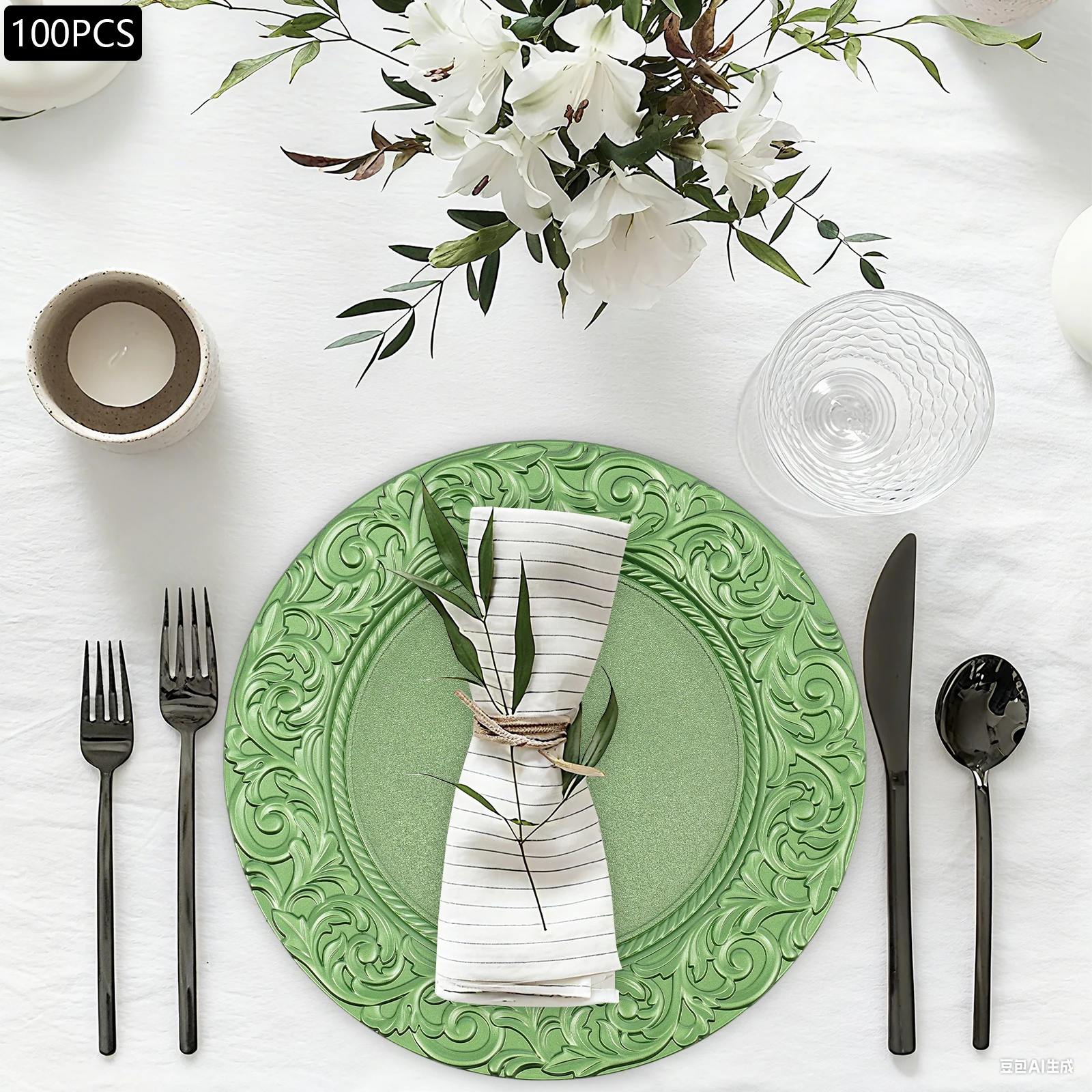 

100-Piece Emerald Charger Plates Set, 12inch Reusable PP Dinner Plates for Wedding & Banquet, Decorative Round Serving Plates