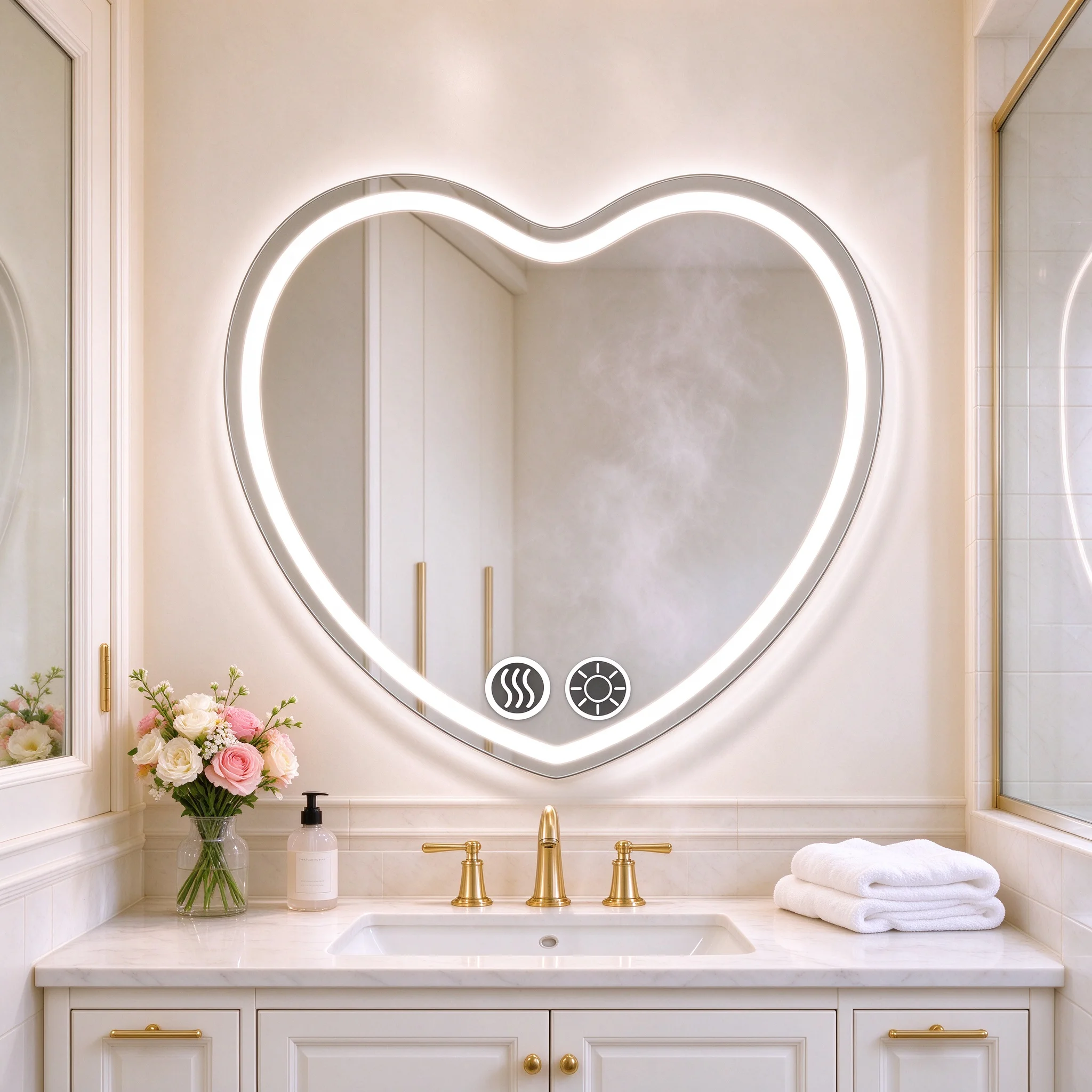 Heart Shaped LED Wall Grooming Mirror 22 Inch, Touch Sensor Auto Steam Defog, Hold Touch Button for Smooth Brightness Adjustment, Illuminated Decor Makeup Mirror for Bedroom Bathroom