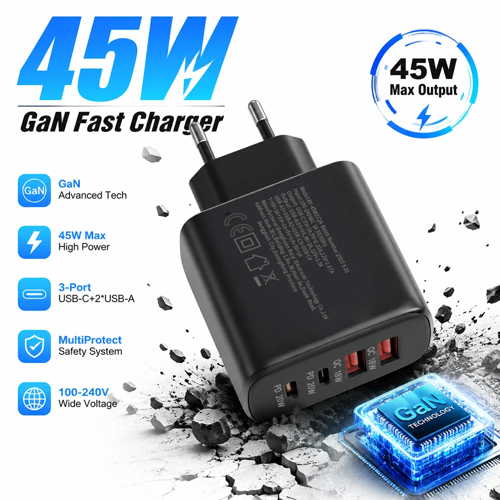 

CIOFYNT 45W GaN Fast Charger, 4-Port 2PD+2QC Wall Charger, EU Plug Multi-Device Adapter for iPhone Samsung Tablets