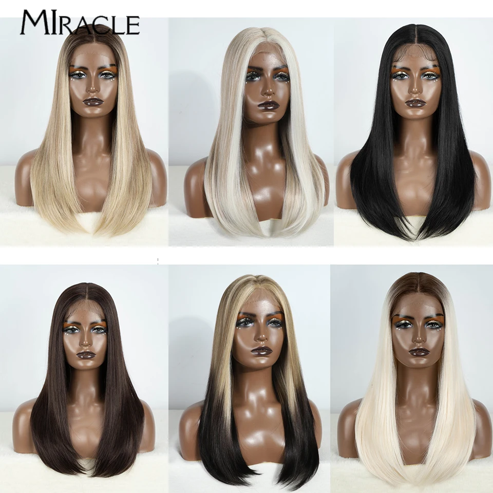 MIRACLE Synthetic Lace Front Wig for Women Cosplay Soft Straight Lace Wig Fiber Fake Hair Brown Ombre Blonde Wig