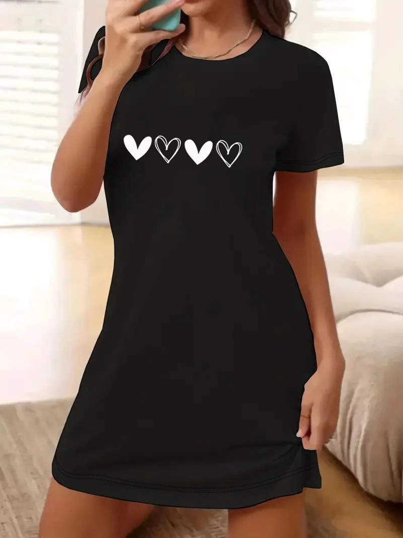 Valentine's Day Heart Print Graphic Off Shoulder T-Shirt Fashionable Long Dress