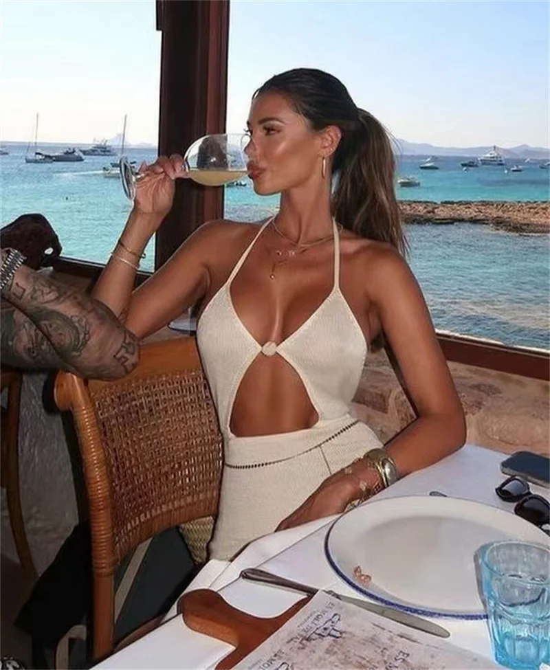 Sexy Halter Backless Lace Up Side Slit Long Knit Dress Women Beach Crochet Bikini Cover-Up Female Sexy Summer Cut-out Swimwear