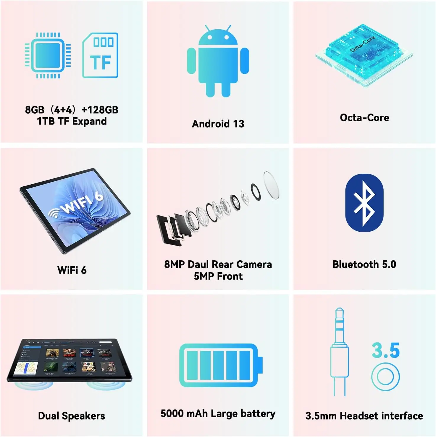 تابلت Android 13 10.1 بوصة ثماني النواة 8 جيجابايت رام 128 جيجابايت ROM يوسع إلى 1 تيرابايت مع BT5.0 WiFi 6 كاميرا مزدوجة HD IPS لوحة كمبيوتر تعمل باللمس