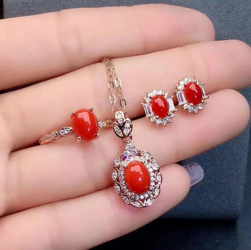 

Girl Natural Red Coral Gemstone Necklace Pendant Ring Earring Set 925 Pure Silver Plated Rose Gold Gift for Girlfriend Christmas