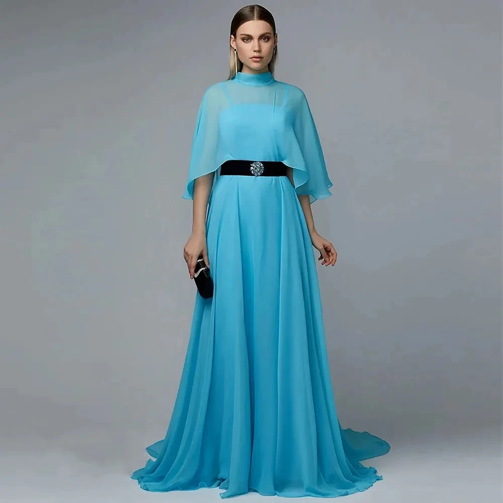 

Mignon Chiffon A-line Boat-neck Pleat Cape Shawl Prom Gown Floor Length Evening Formal Elegant Party Dress for Women 2023