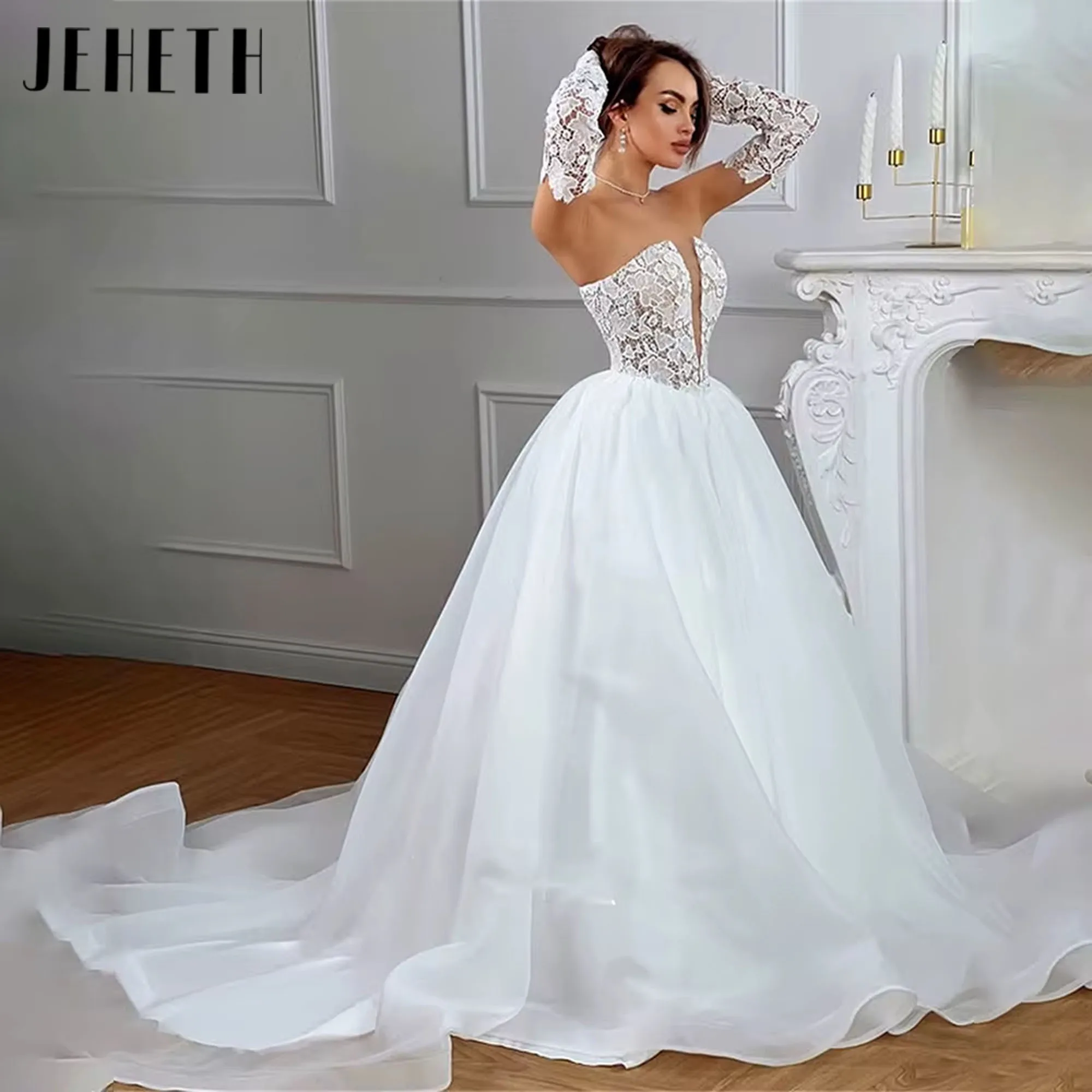 

Sexy V-neck Beckless Lace A-Line Wedding Dress for Wedding Ceremony Elegant Long Sleeve Beidal Gown Vestido De Noival Customized