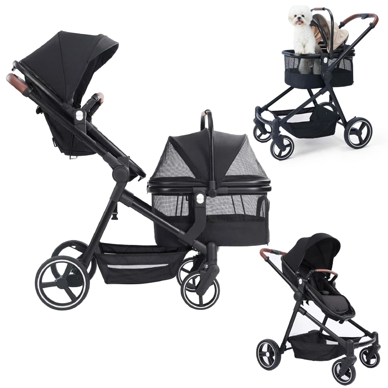 Poussette pliable multifonctionnelle pour animaux de compagnie (utilisable également comme poussette pour bébé, prenant en charge les positions assise et allongée) ; la cabine pour animaux de compagnie peut être détachée et utilisée de manière indépendante.