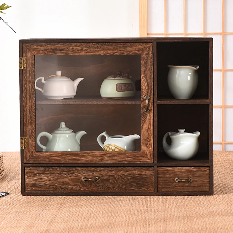 Solid wood dustproof desktop storage box modular detachable cosmetic shelf tea set organizer tea cup holder bookcase teapot latt