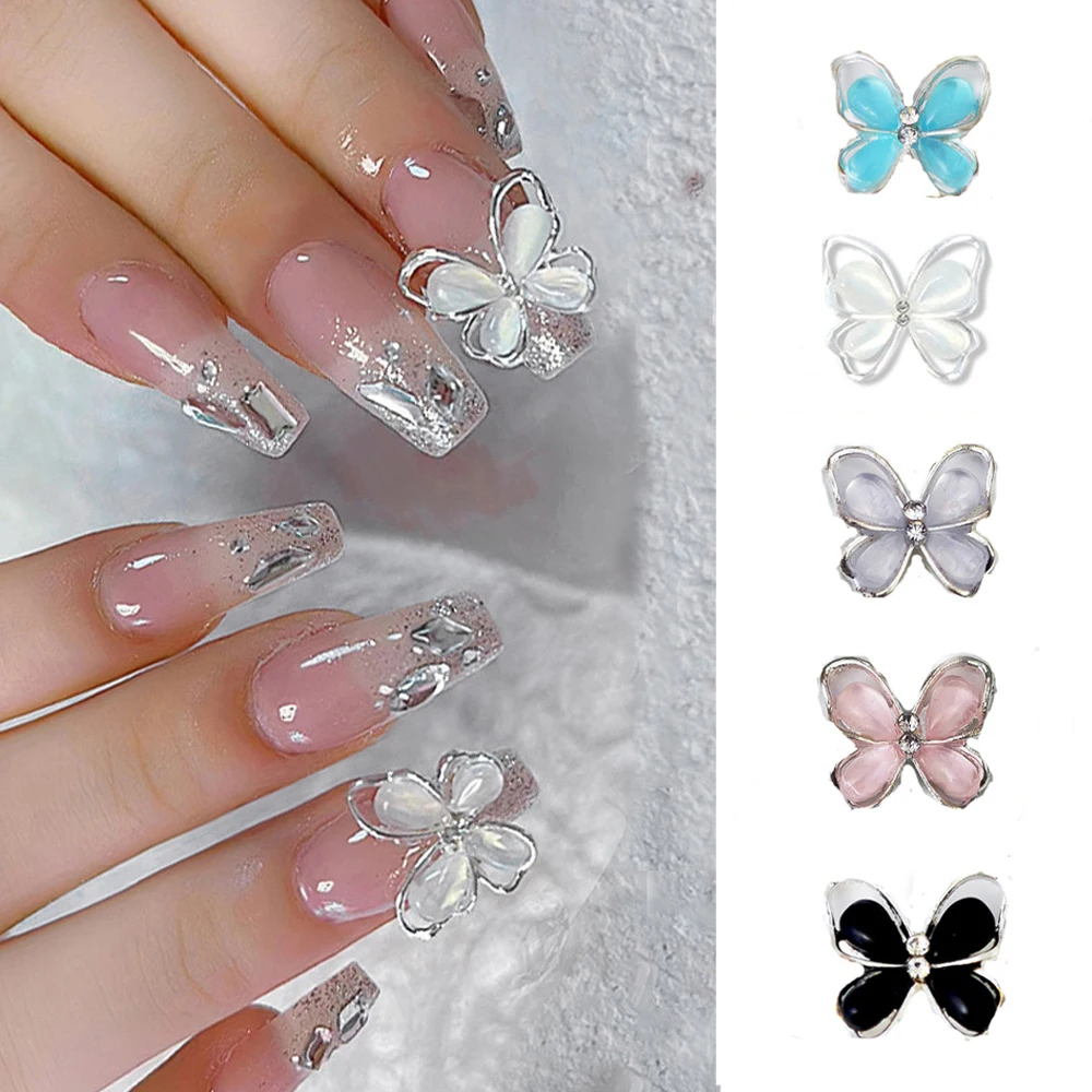 10Pcs Alloy Butterfly Opal Nail Art Rhinestone 3D Silver Shiny Gems Butterfies Nail Decoration Crystal DIY Manicure Accessories