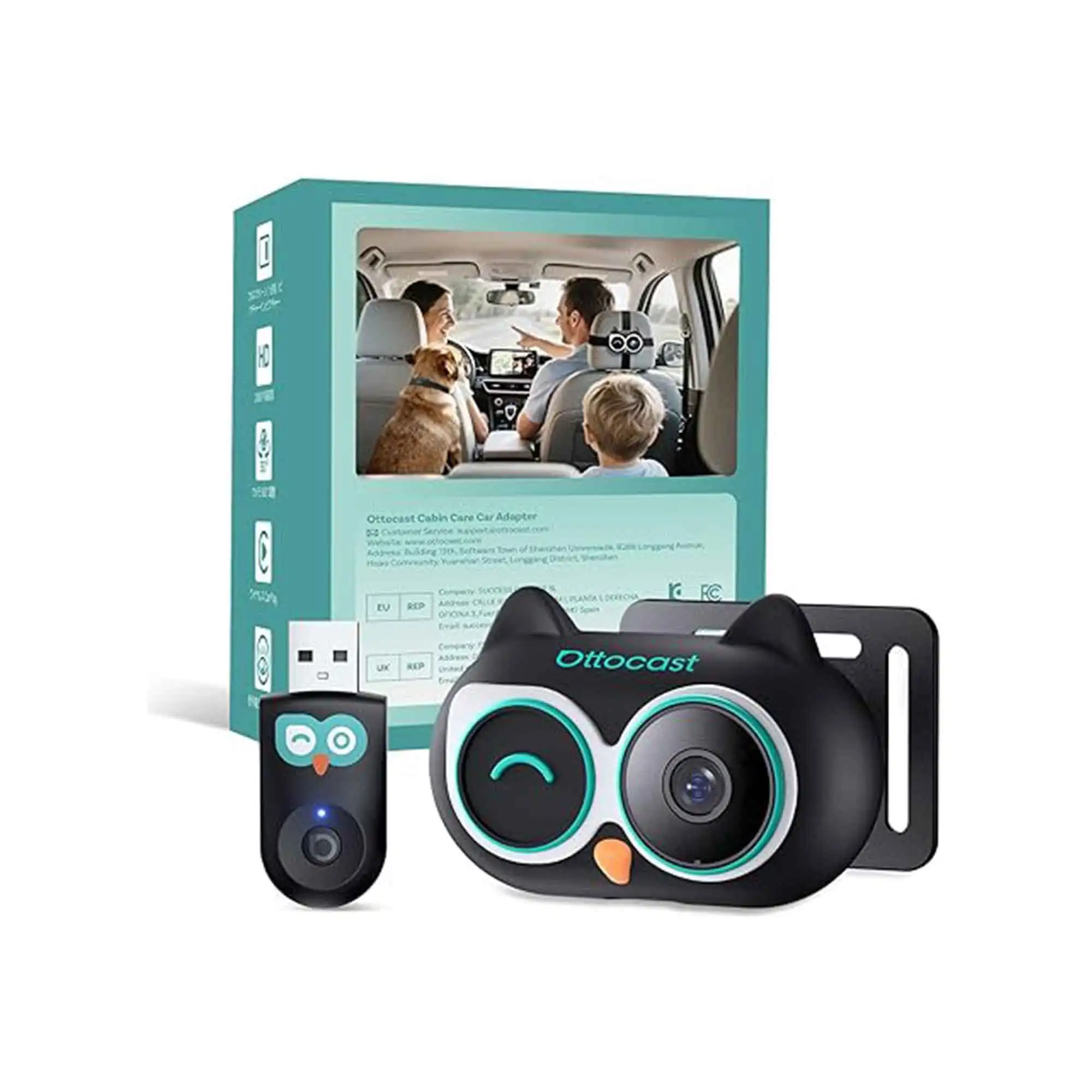 Ottocast Cabin Care draadloze CarPlay adapter met 1080p HD babyautocamera achteruitrijcamera op het autoscherm voor huisdieren en baby's