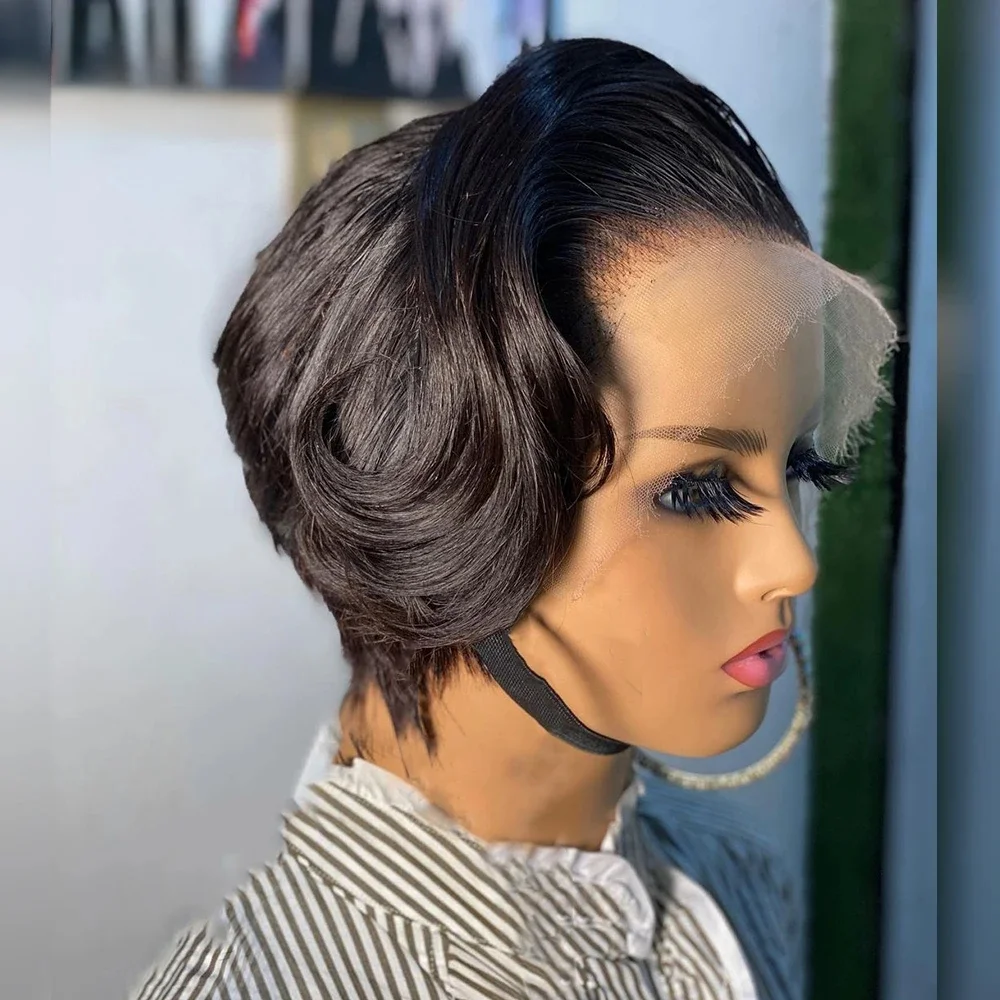 Peruca Natural Lace Frontal Pixie Cut Bob para as Mulheres, 100% Cabelo Humano, Perucas Diretas Preto Curto, Remy Brasileiro, T Part