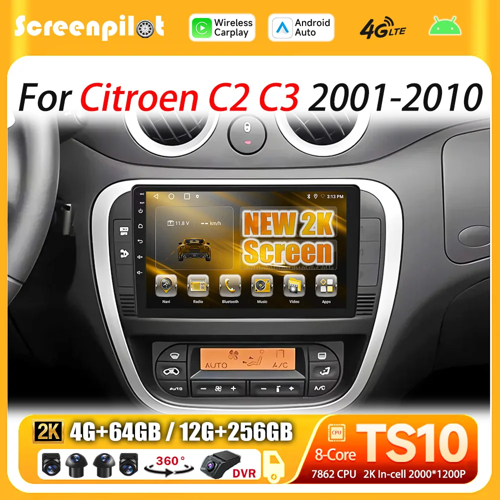 Android 16 For Citroen C2 C3 2001 2002 2003 2004-2010 Car Radio Multimedia Video Player Stereo Head Unit  2K QLED Wireless GPS