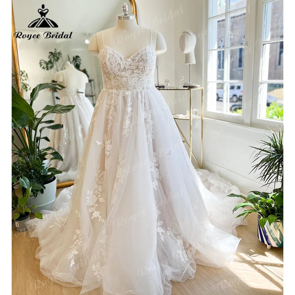 Vestidos Princess Lace Appliques Wedding Gown for Bride 2023 Spaghetti Straps Champagne Tulle Wedding Dress Robe de mariee Sexy