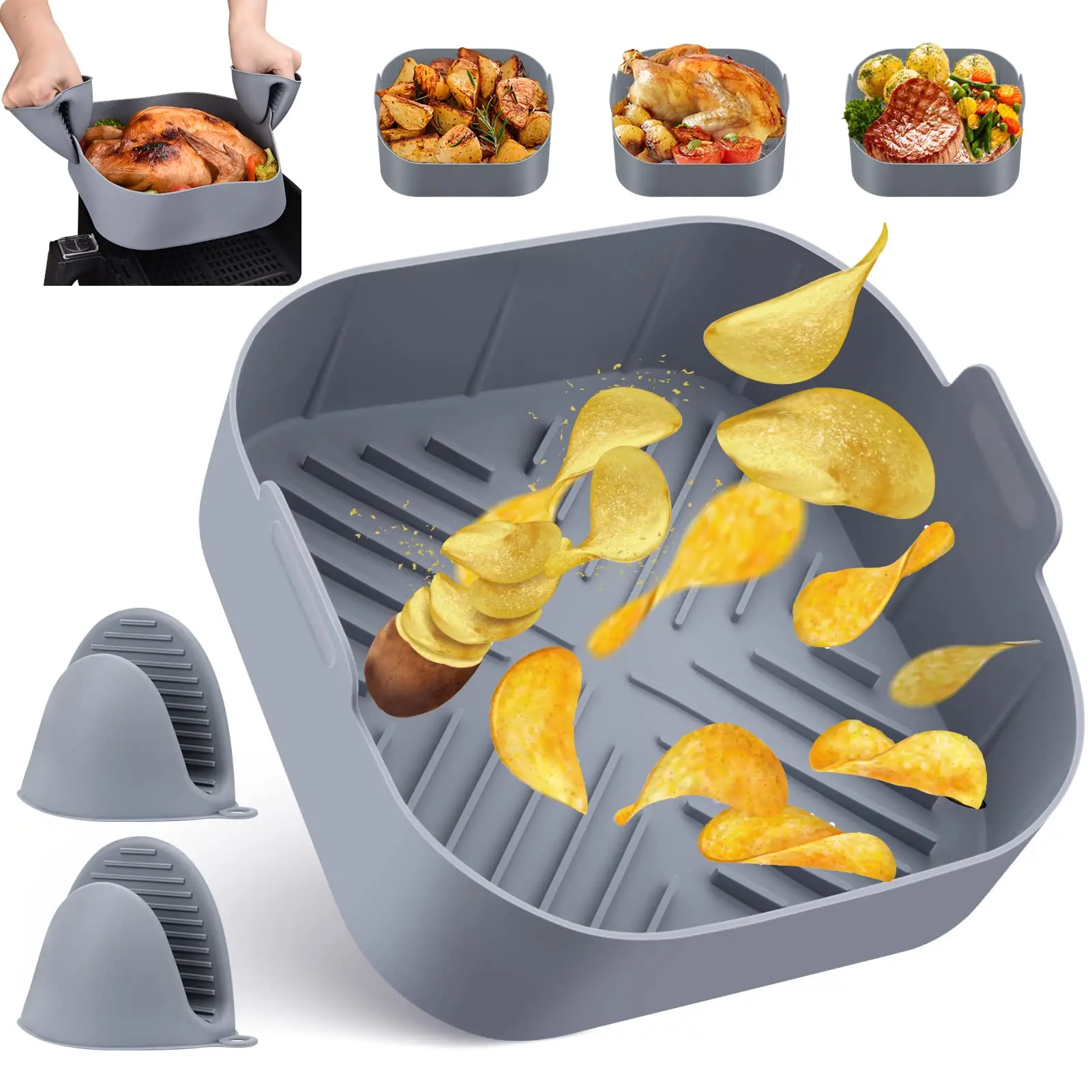 Herbruikbare siliconen pot 21 cm voor heteluchtfriteuse, hittebestendig en eenvoudig schoon te maken. Met twee ovenwanten, geschikt voor magnetron en oven
