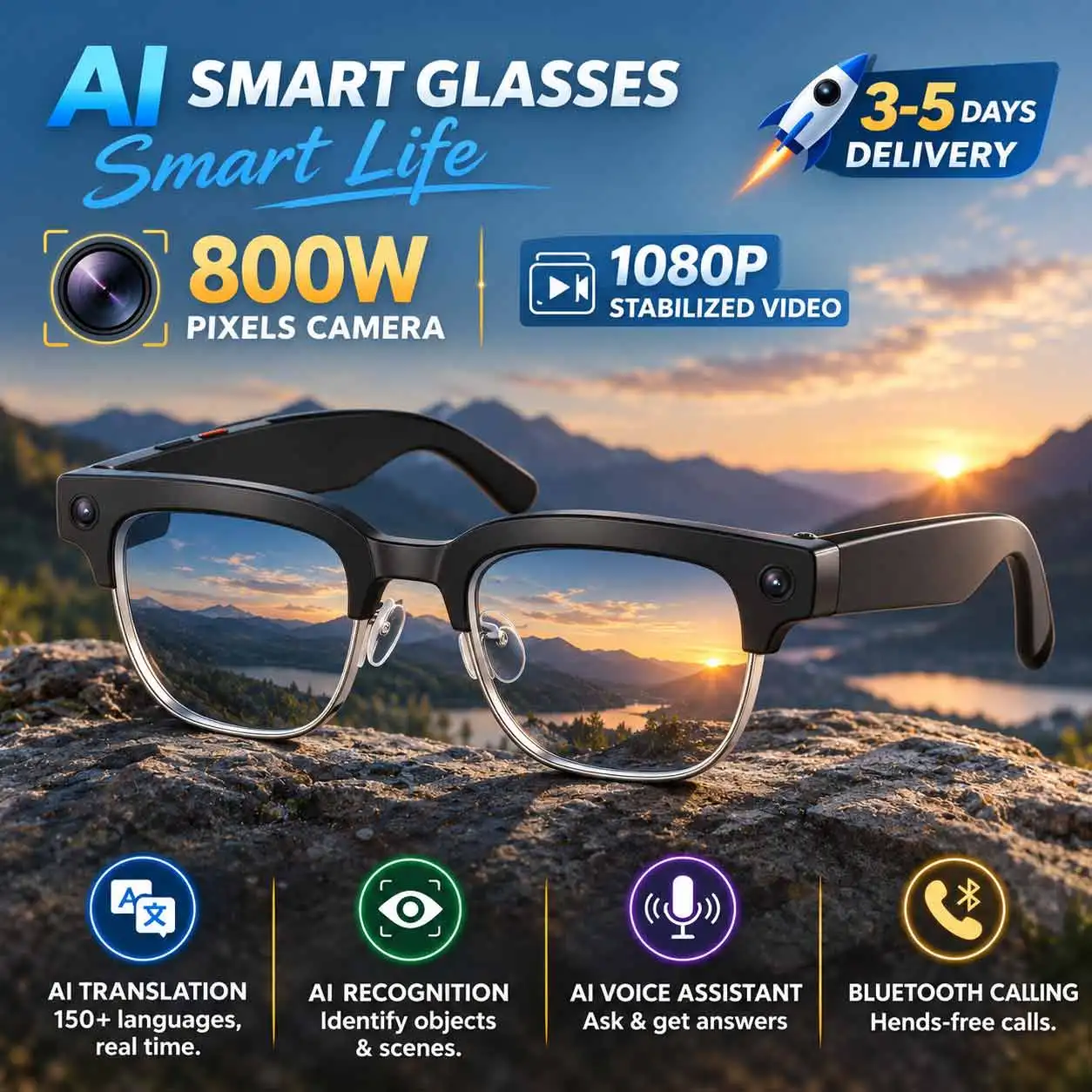 Nouvelles lunettes intelligentes 4K avec IA, caméra 8MP, chat IA, reconnaissance d'objets, traduction de plus de 150 langues, appels Bluetooth, musique et enregistrement, transfert WiFi