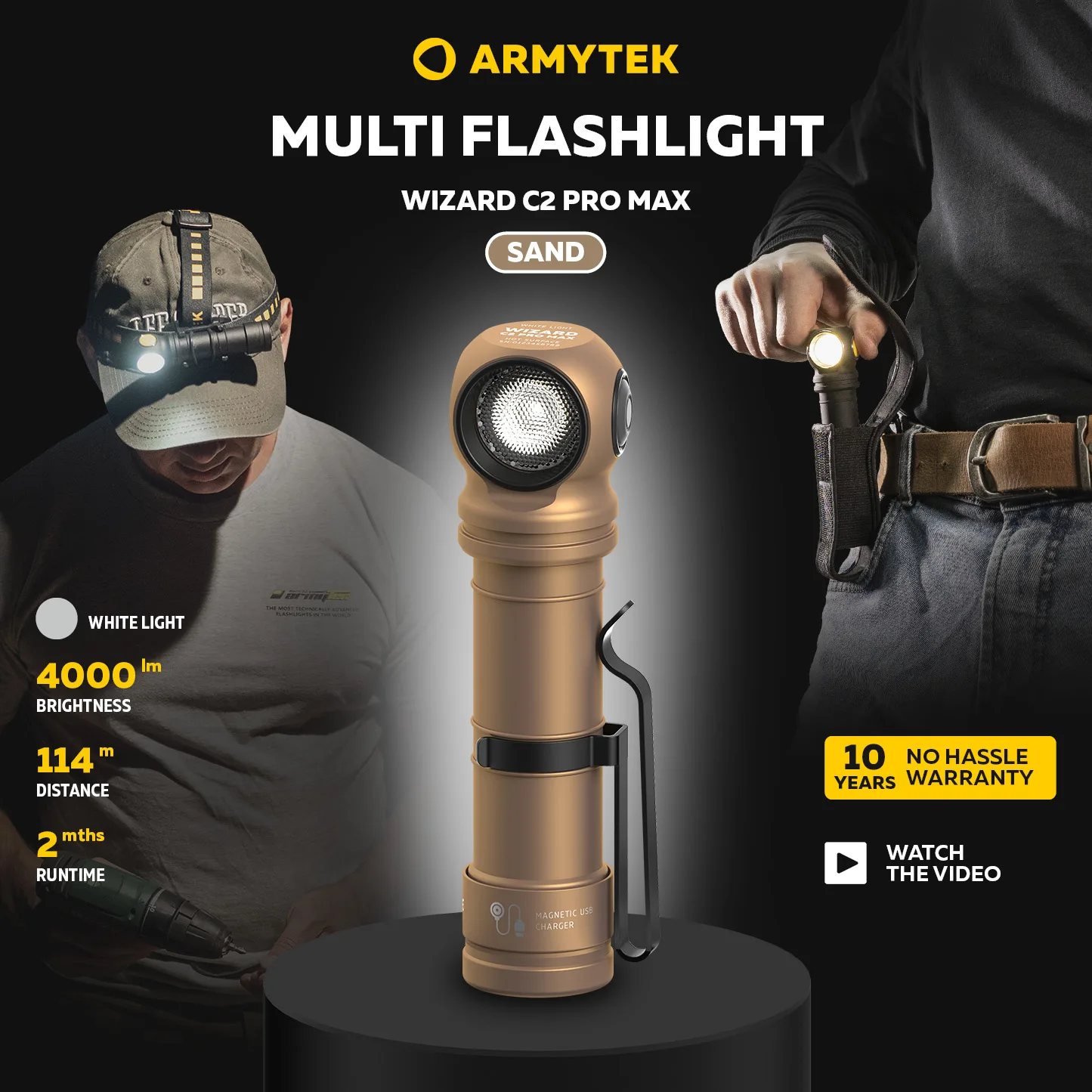 Armytek Wizard C2 Pro Max Magnet USB Sand (White light) 4000 lm LED Headlamp with 1x21700 battery