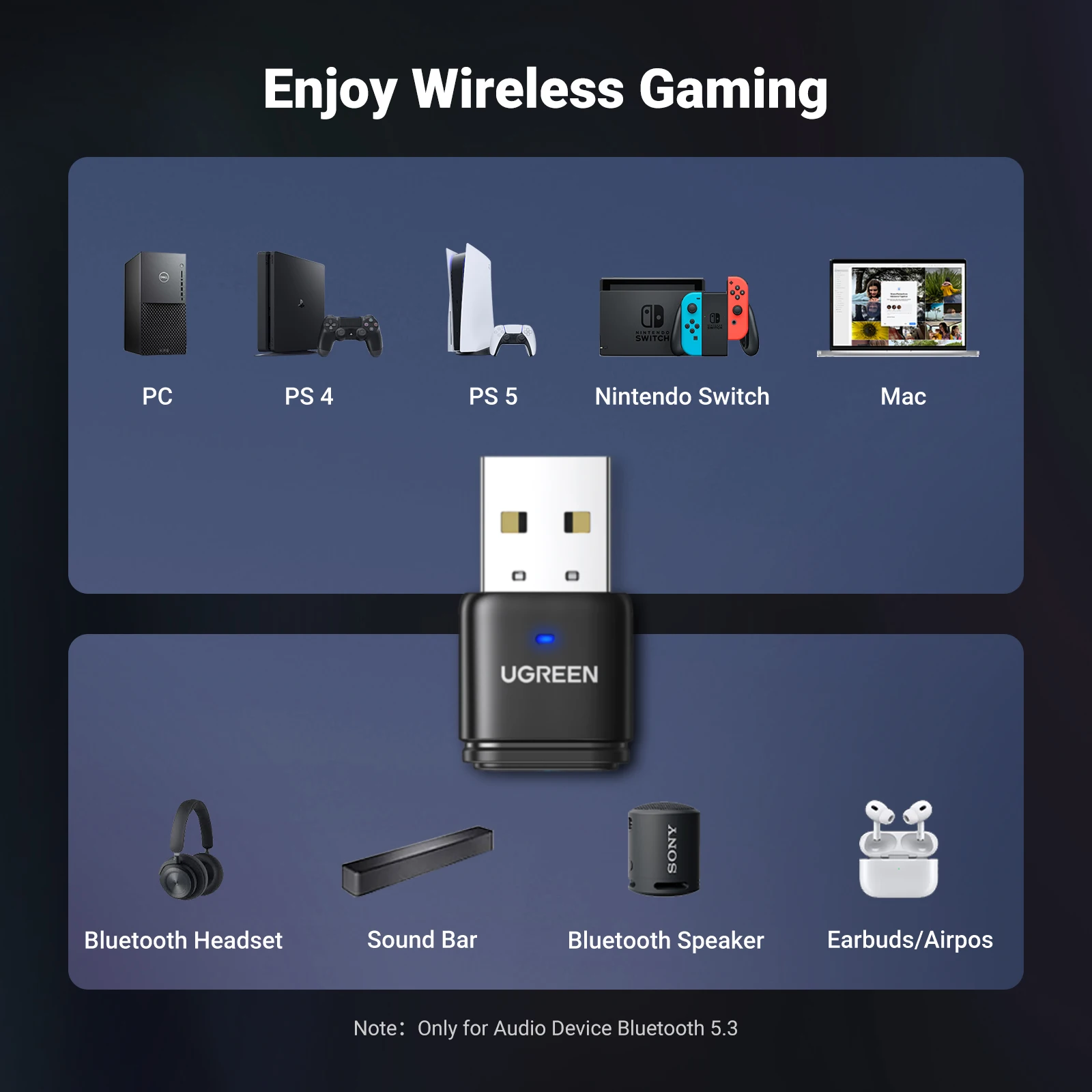 Adattatore Bluetooth 5.3 USB Per PC, PS5, PS4, Switch – Audio A Bassa Latenza, Supporto APTX, Fino A 20m, 2 Cuffie Connesse