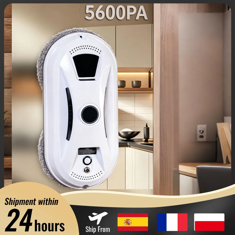Robot de nettoyage de vitres intelligent, robot nettoyeur de vitres automatique avec aspiration de 5600 Pa, télécommande et 10 chiffons de nettoyage, aspirateur robot ultra-fin pour la maison
