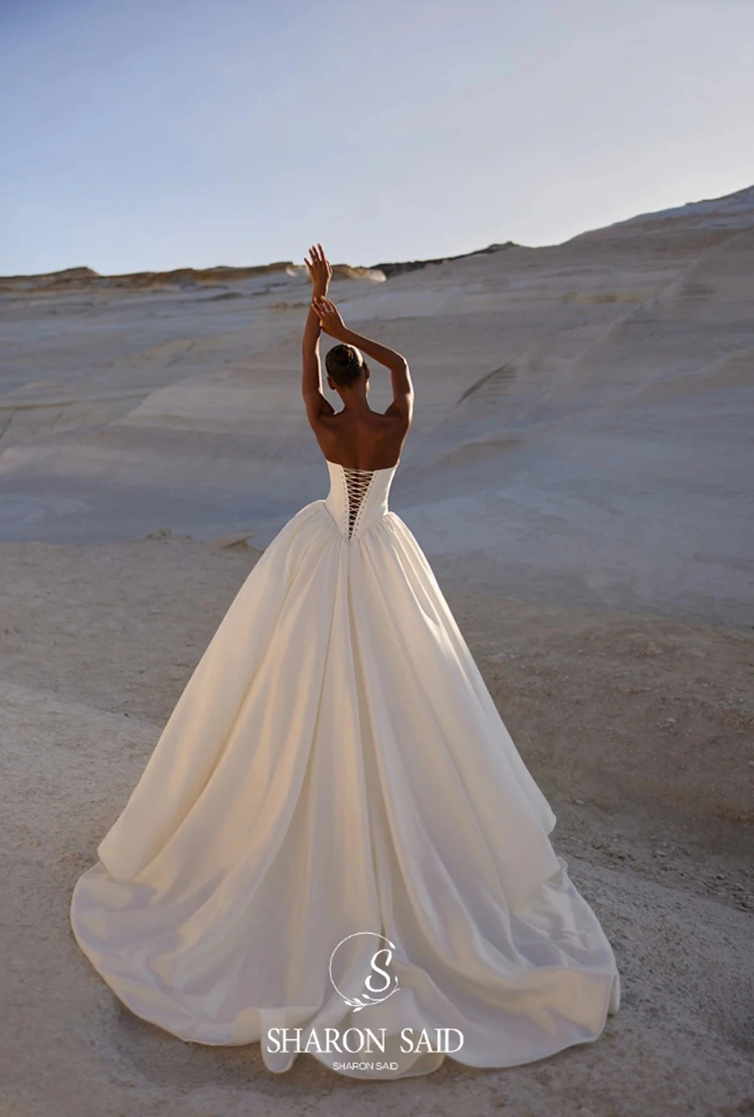 Sharon Said Romantic Strapless A-Line Off White Satin Wedding Dress 2025 With Detachable Cape Corset Bride Gown SW227 Customized