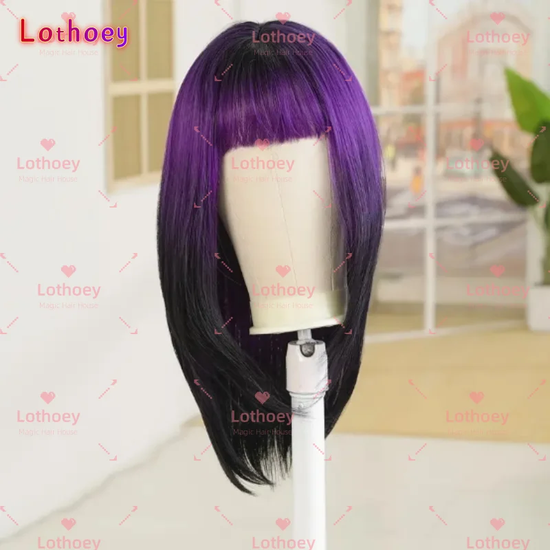 Парик из натуральных волос, натуральные волнистые парики из человеческих волос с челкой, градиент фиолетового цвета, очаровательный парик для вечеринок и повседневного использования, косплей для женщин