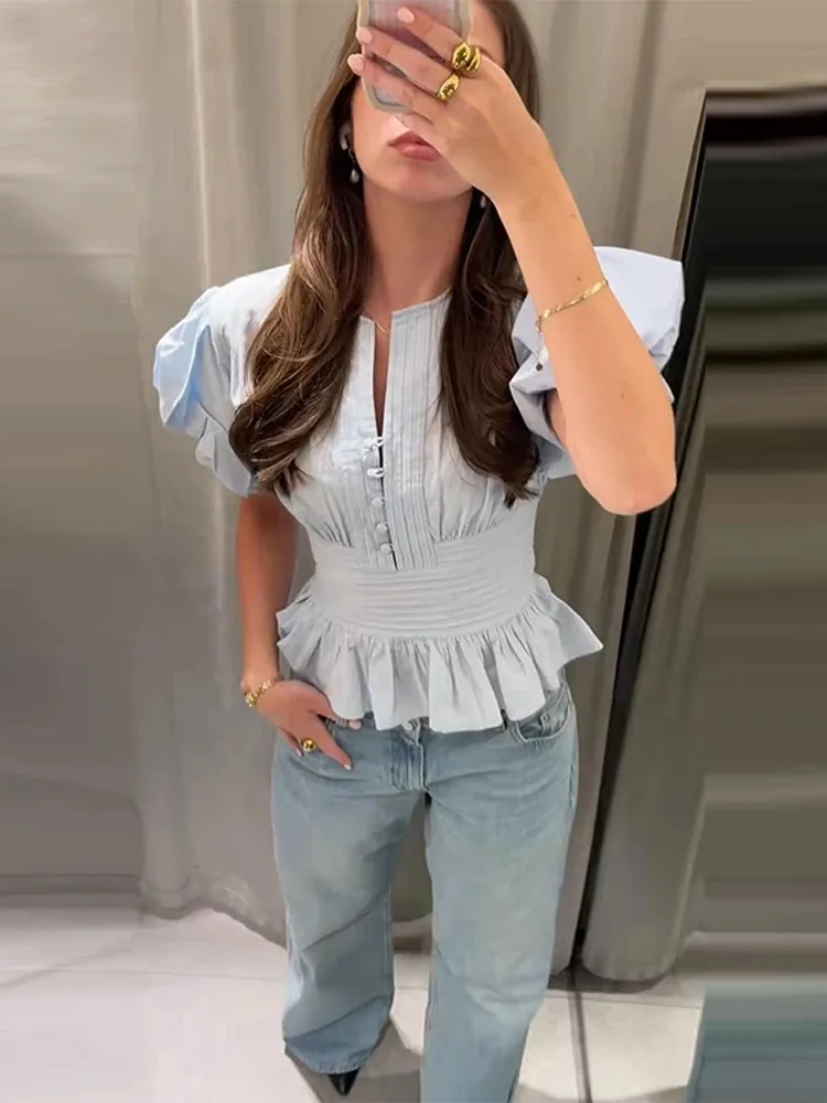 Ladies Chiffon Blouse Shirt Women Split Neck Single Breasted Puff Sleeve Ruffle Hem Top Elegant Casual Chic Summer Outfits Women