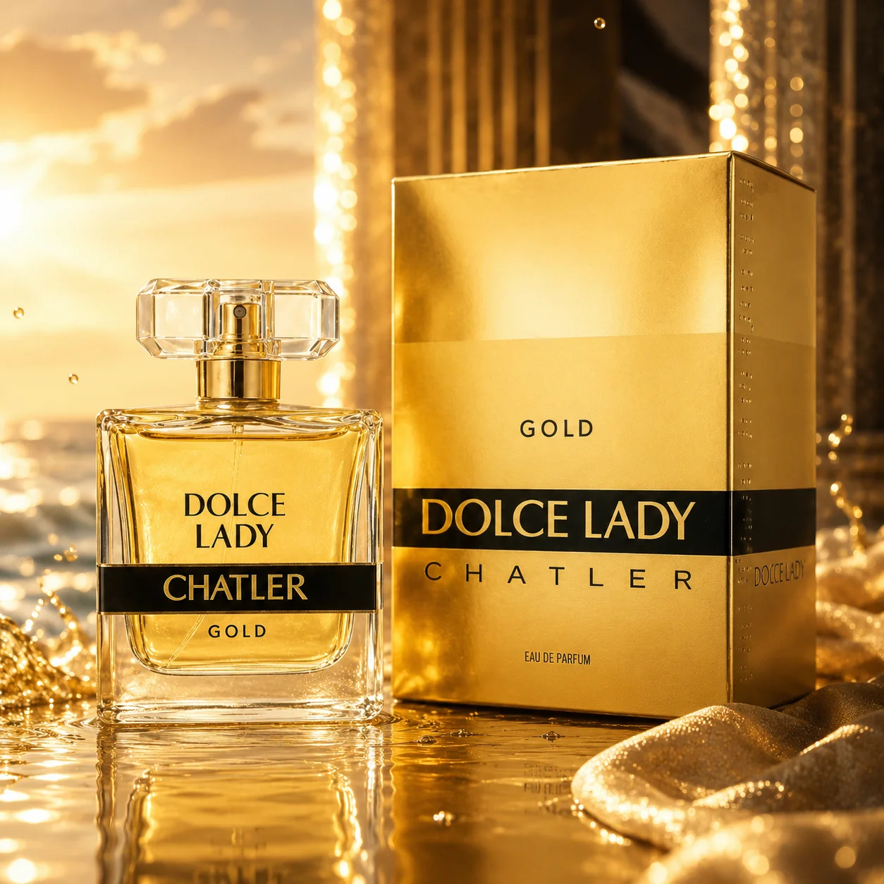 Dolce Lady Gold 100ml - Chatler. Parfum floral-fruité pour femmes avec des notes glamour de fleur d'oranger et de framboise et une base sucrée de miel.