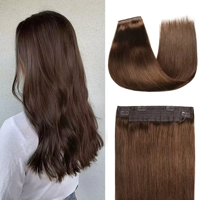 سلك في الشعر التمديد بني داكن الشعر خيط صنارة الصيد وصلات شعر مستقيمة هيربيسي ملحقات سلك غير مرئية شعر بشري حقيقي # 4