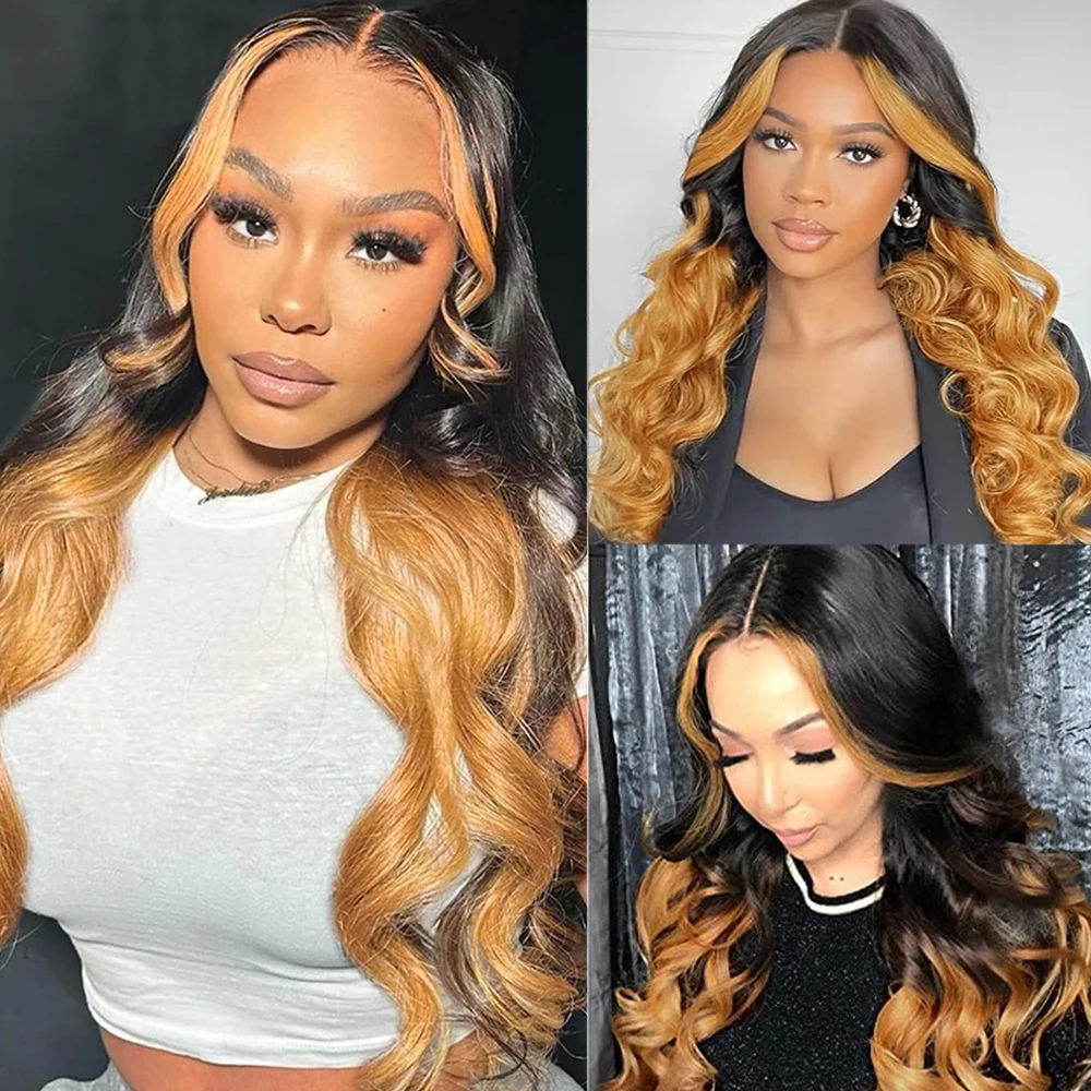 Ombre Honey Blonde Body Wave Wig Long Wavy 13x4 Lace Front Wigs Pre Plucked Skunk Stripe Colored Glueless Synthetic Wigs 28 Inch