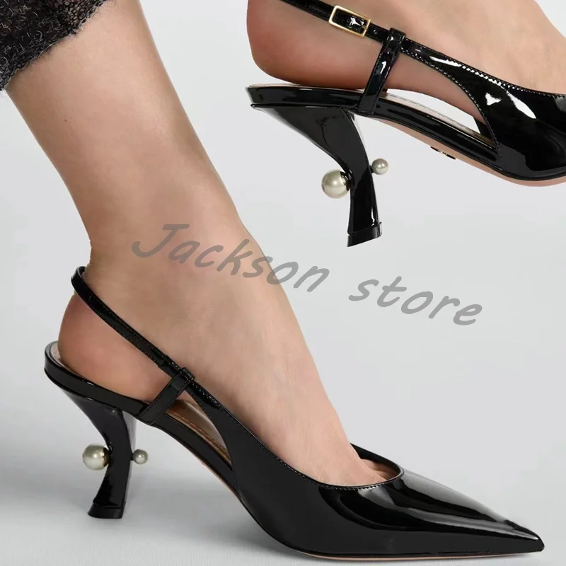 

New Arrival Patent Leather Strap Versatile Women Sandals Pointed Toe Fashion Formal High Heel Buckle Slip On Pear Dress Shoes