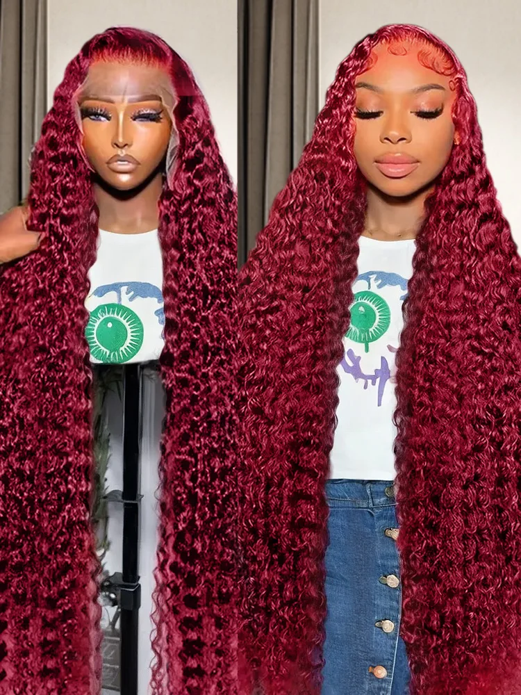 99J Burgundy Deep Wave High Density 13x6 Lace Front Wig Curly Red Colored 13x4 HD Transparent Lace Frontal Human Hair Wigs