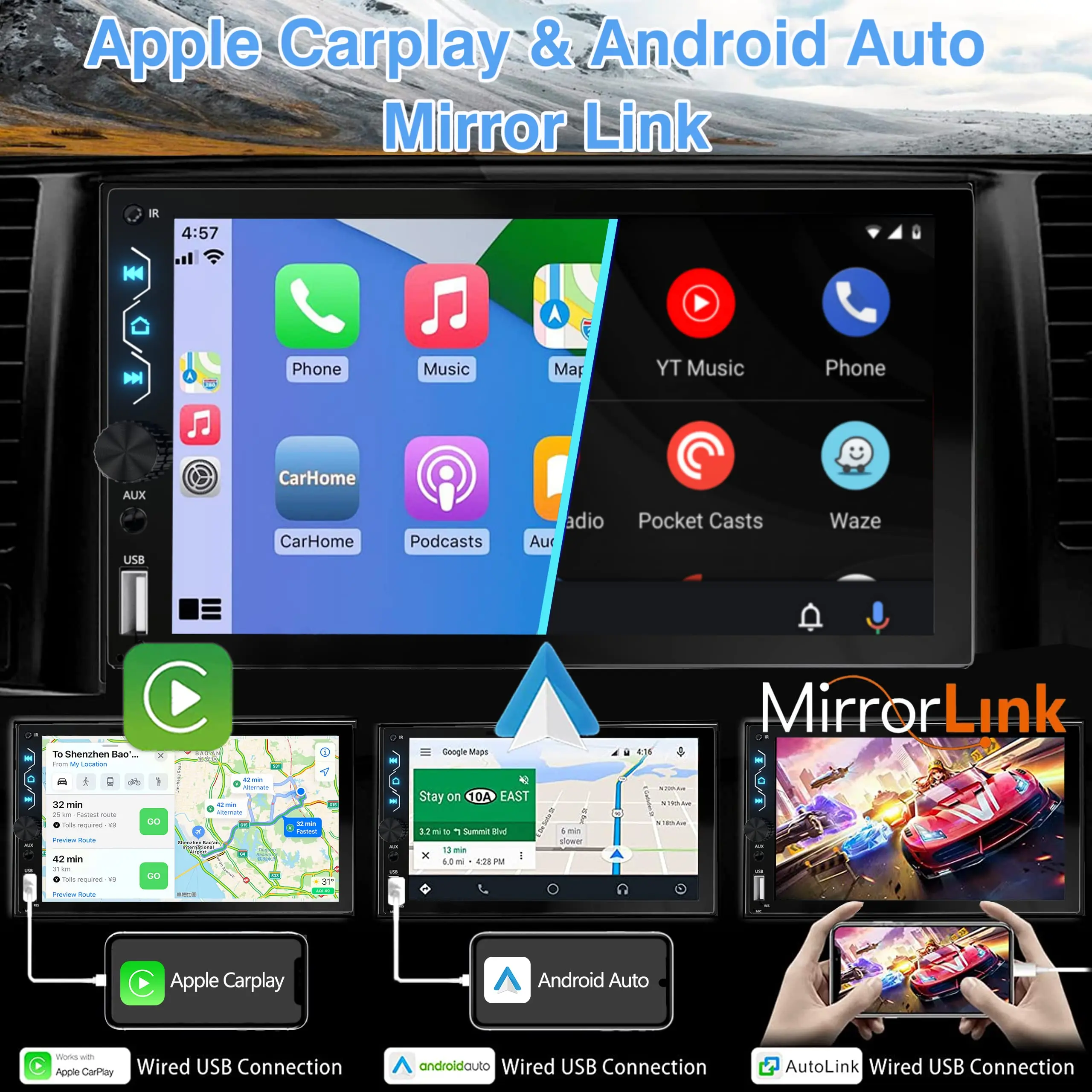 7 Inch Full HD Touchscreen Car Radio 2 Din Car Video Player Carplay and Android Auto with Dash Cam and Backup Camera Bluetooth