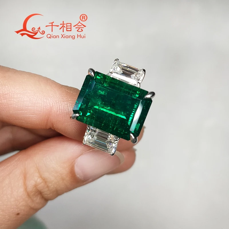 12x16mm Hydrothermal Created green Emerald S925 Silver Ring  with Baguette Moissanite Wedding Ring Jewelry