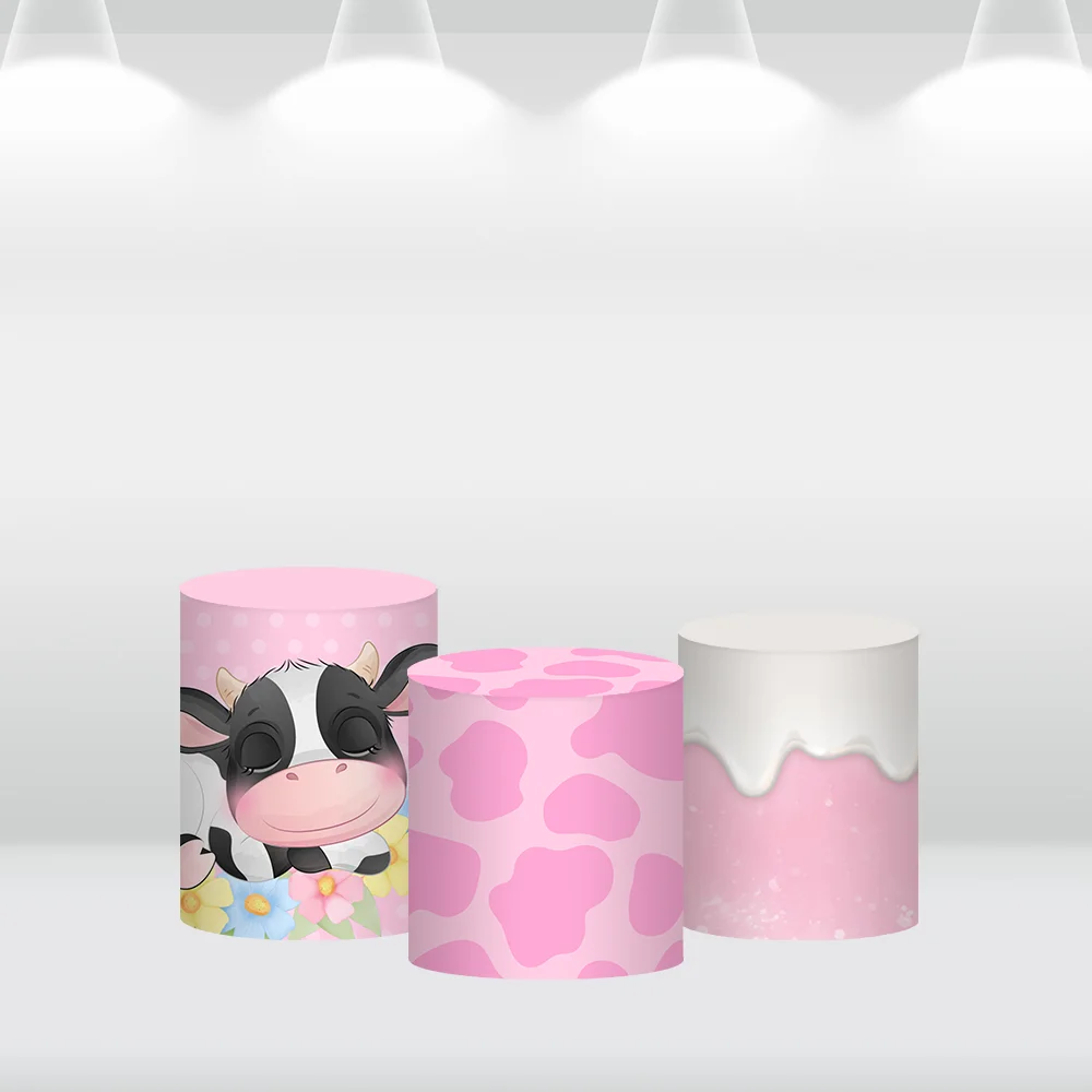 Decoração de vaca redonda pano de fundo capa para meninas chá de bebê rosa vaca imprime bolo de aniversário capas de cilindro de mesa