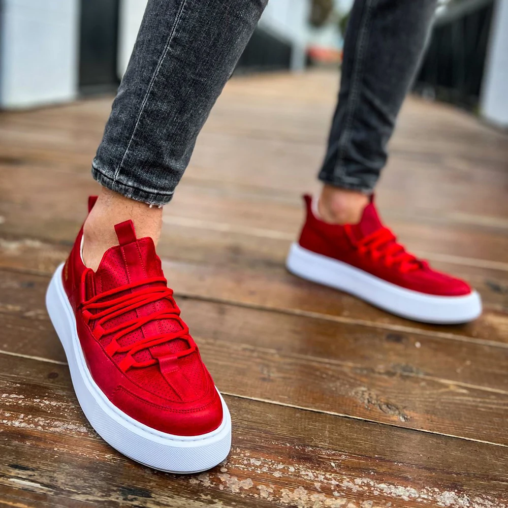 FOH Store Sneakers for Men RED Artificial Leather 2023 Spring Autumn Casual Lace Up Fashion Shoes High Base Sport Comfortable Light Vulcanized Daily Original Canvas Odorless Orthopedic Suits Office Wedding 159