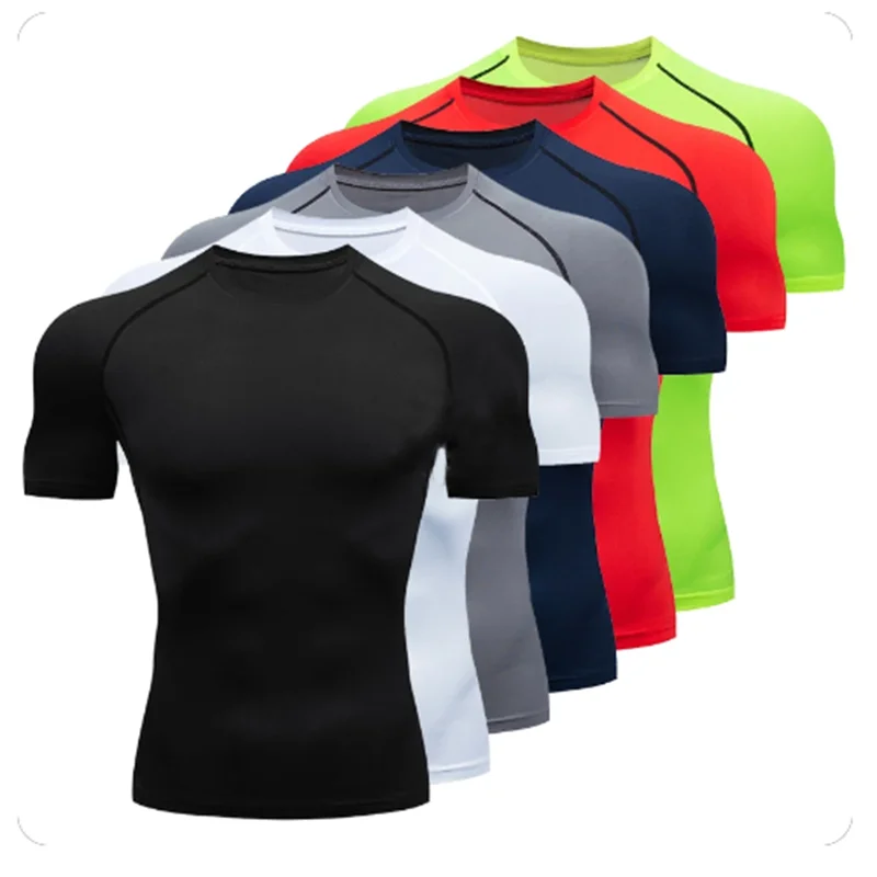 Men's Bodybuilding Sports Tight T-shirt Summer Compression O-Neck T Shirt Gym Fitness Quick Dry Running Tshirt Male Workout Tops