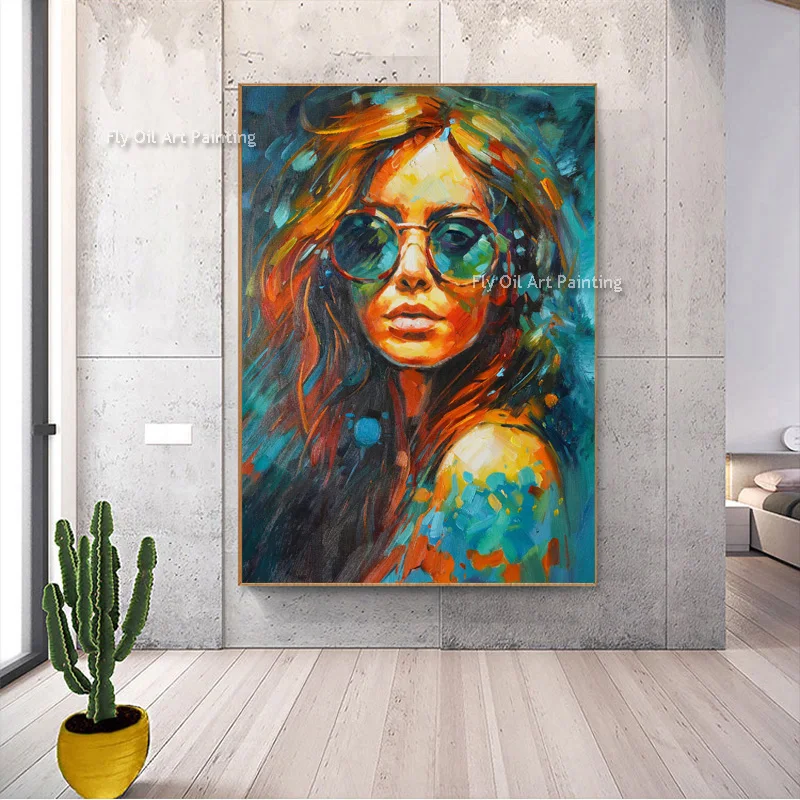 Imagem -04 - Pintura a Óleo Personalizada de Uma Mulher Óculos de Sol Pintados à Mão Figura Pintura da Lona Realismo Moderno Arte Decoração da Parede