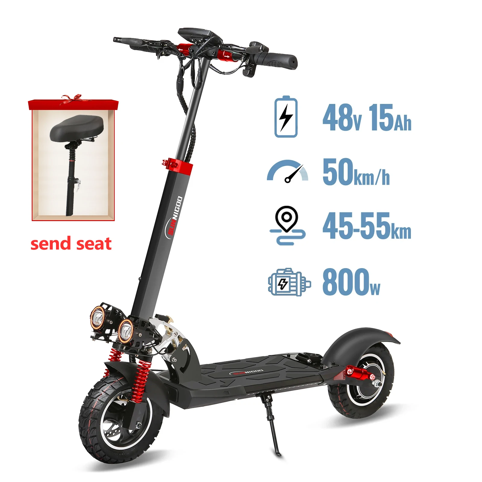 Trottinette électrique avec siège, 800W, vitesse maximale 45-50 km/h, autonomie 35-55 km, pneus tout-terrain de 10 pouces, double amortissement, pliable.