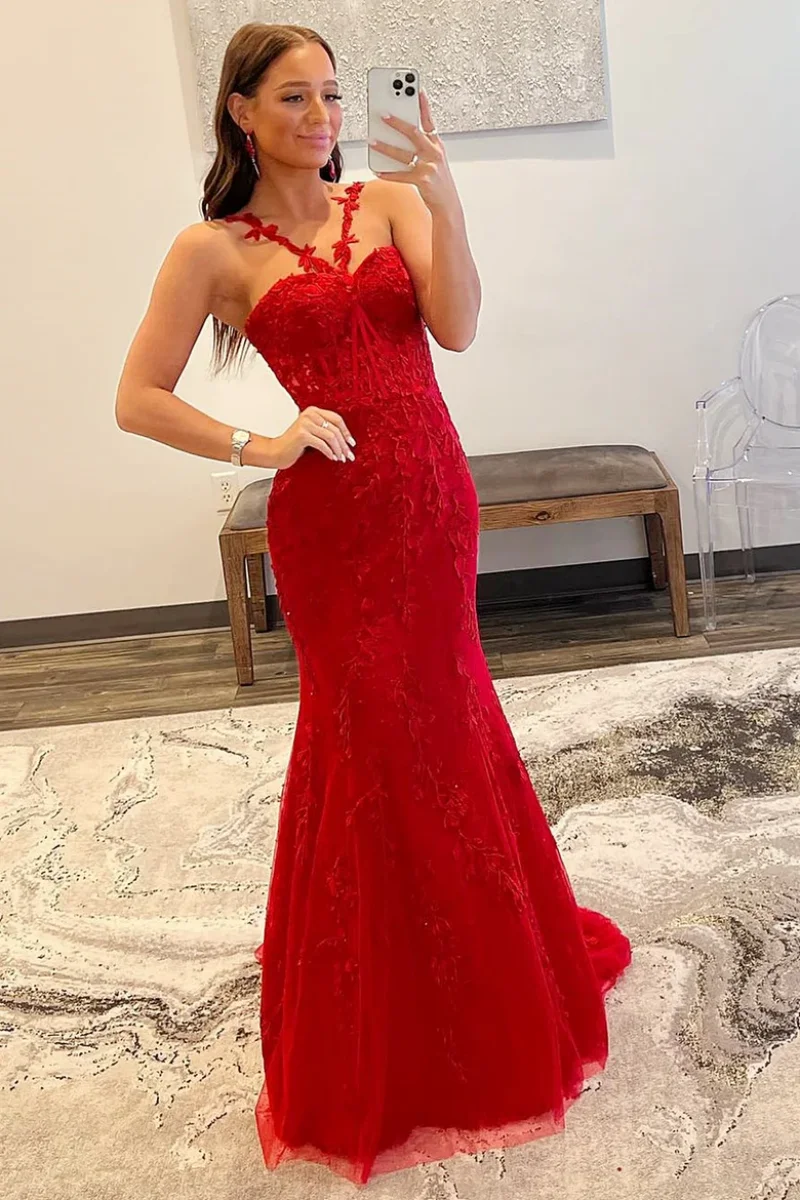 Jessica Red Halter Neck Evening Dresses Lace Embroidered Tulle Prom Dresses Slim Fit Women Wedding Party Dresses Customized