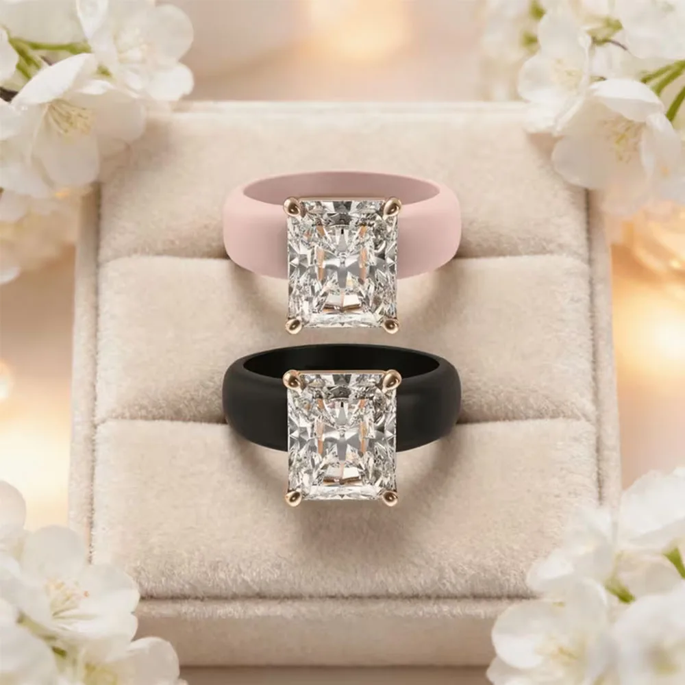Women's Silicone Ring with Large Rectangle CZ Stone, Rose Gold Prong Setting, Comfortable Sport Wedding Band, Anti-allergy Jewel image 2