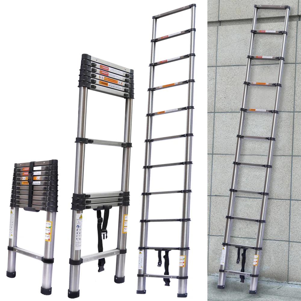 Telescopic Folding Ladder 3.2M/ 10.5FT Multi Purpose Collapsible Loft Ladders, Portable Stainless Steel Ladder Heavy Duty Sturdy Straight Ladders