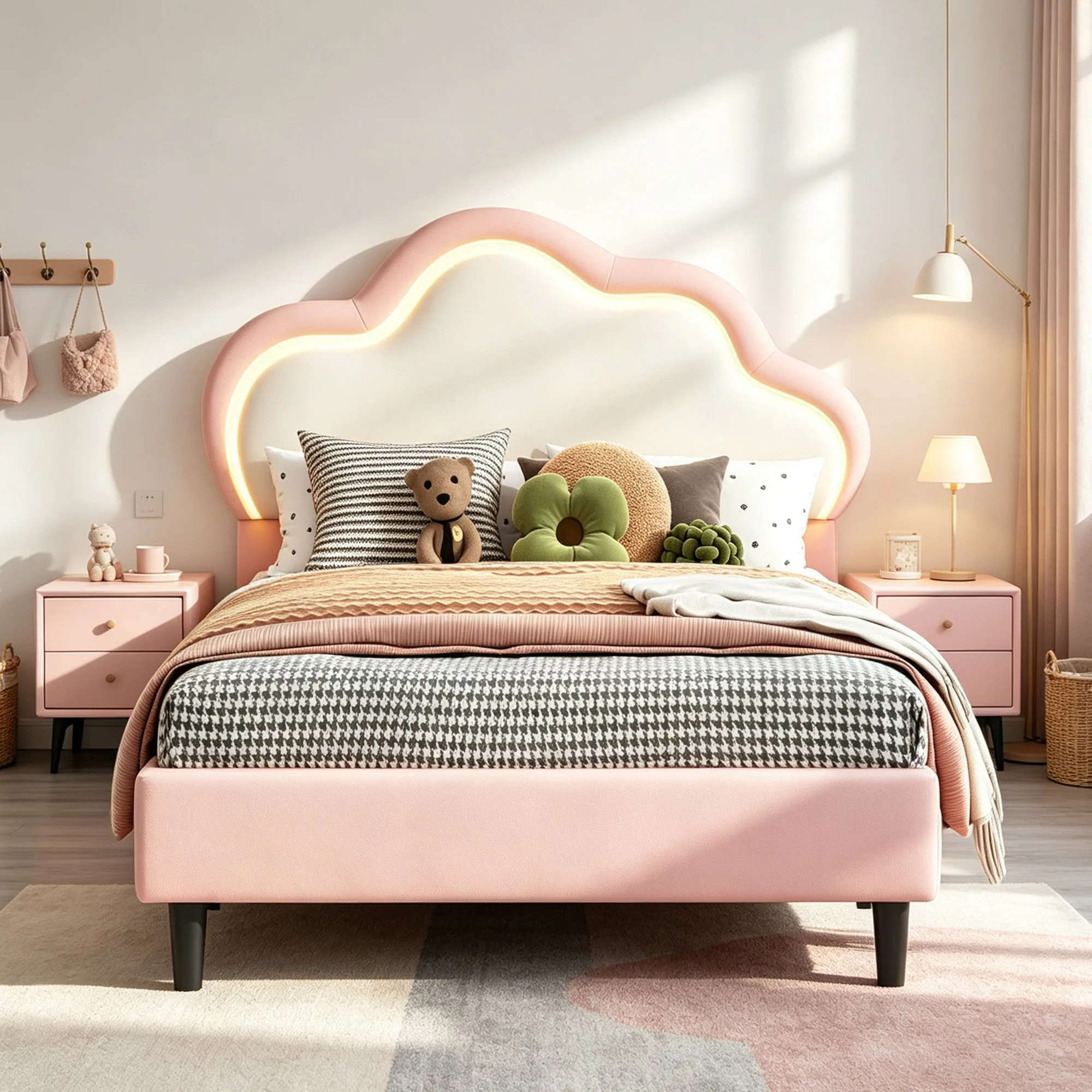 Letto Simurq 90x200cm per bambini, rosa PU, testata a nuvola regolabile, doghe legno, carico 200kg, perfetto come letto, castello o rete, senza matera