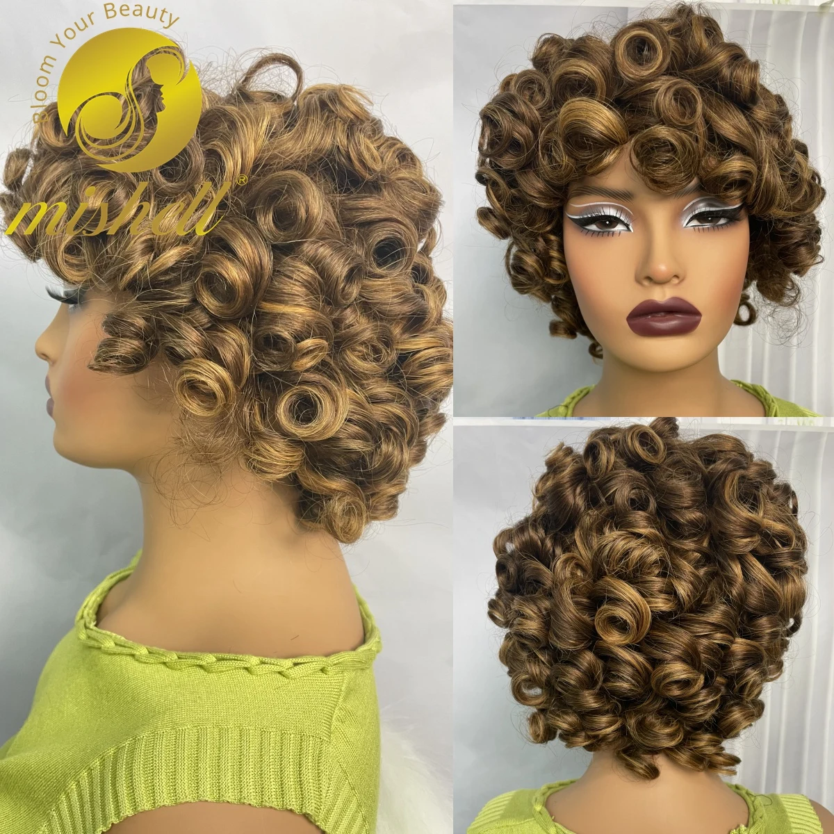 Destaque Perucas de Cabelo Humano Encaracolado Bouncy com Franja, Peruca Curta Afro Kinky, Máquina Completa, Cabelo Remy Brasileiro Colorido, 200%