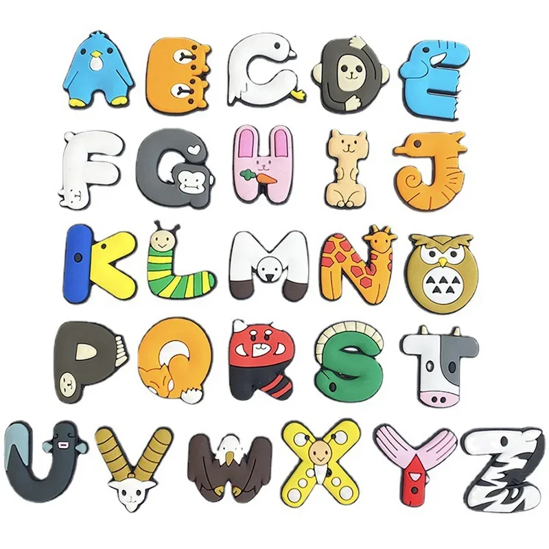Ensemble d'alphabet d'animaux de dessin animé pour enfants, chaussures en PVC, breloques, sabots, sandales à bulles, accessoires de décoration, chaussure strucFit, cadeau, 1-26 pièces