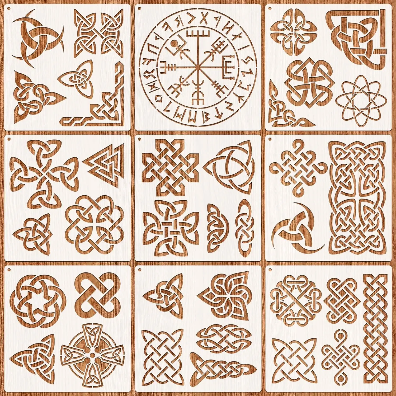 9-teiliges 11,8 x 11,8 Zoll keltisches Knotenmuster-Malschablonen-Set für DIY-Handwerk, Wand, Holz, Stoff, Dekoration