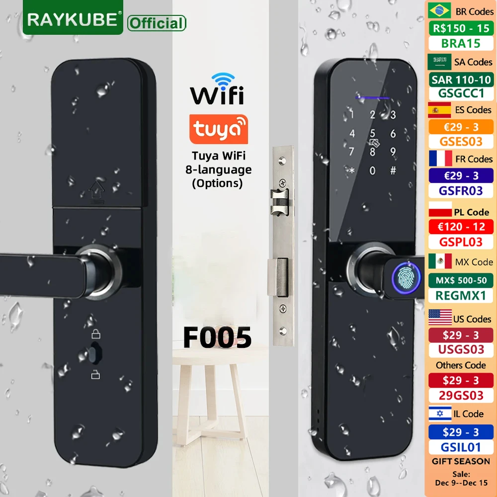 RAYKUBE F005 IP65 Waterproof Tuya Wifi Electronic Smart Door Lock With Fingerprint/Smart Card/Password/Key/TT Lock APP Unlock