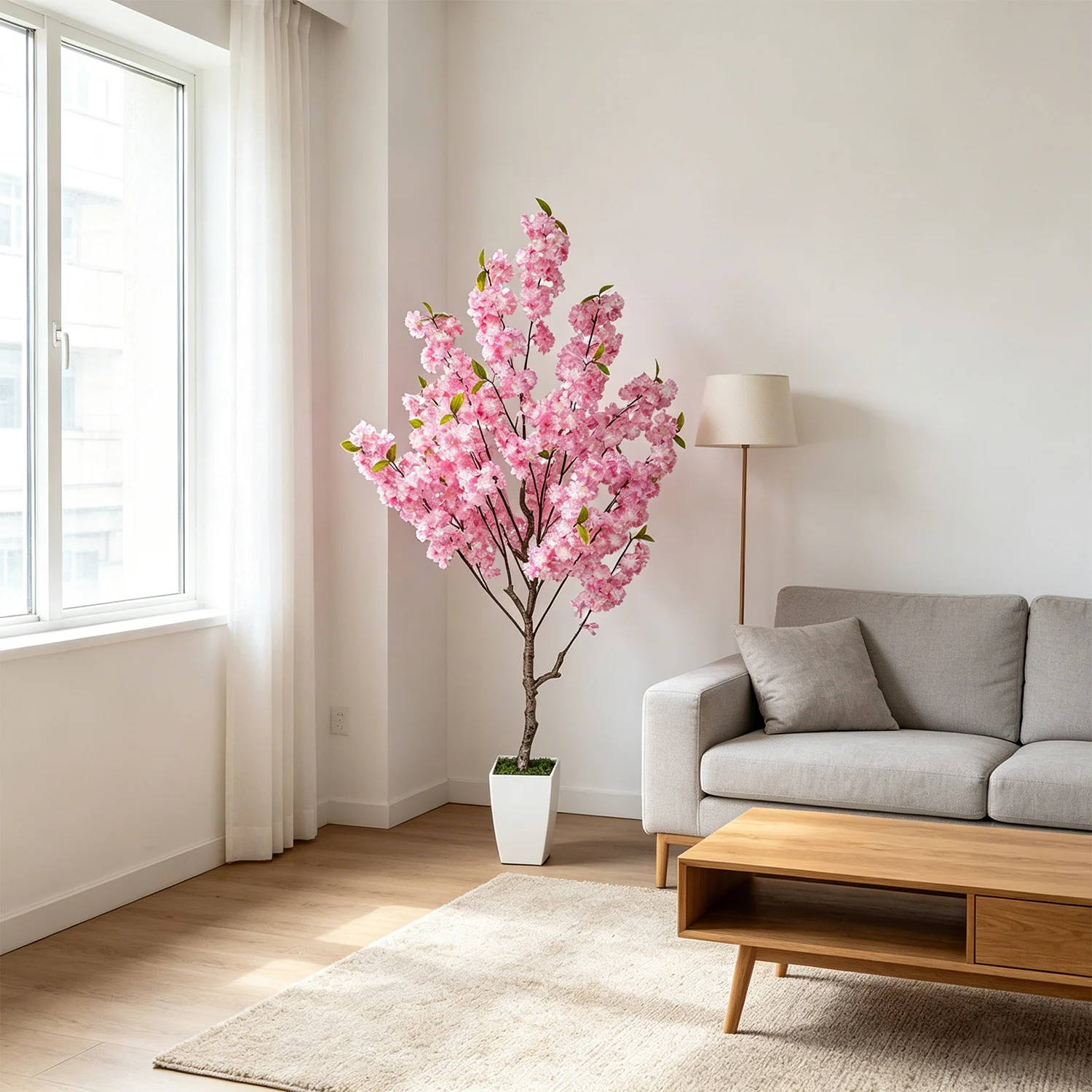 1,59m-2,10m Künstlicher Rosa Kirschblütenbaum im Topf mit Blättern, Künstliche Sakura-Pflanze für Heim, Hochzeit, Innenraum, Wohnzimmer-Dekoration – Detail 5