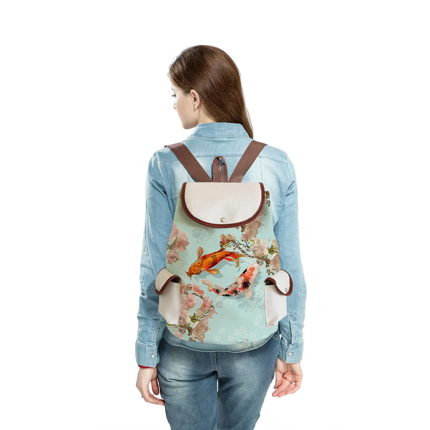 Hipster Fish Print Women Backpack Portable Koi Carp Backpack For Students Casual High Capacity Linen Drawstring School Backpacks