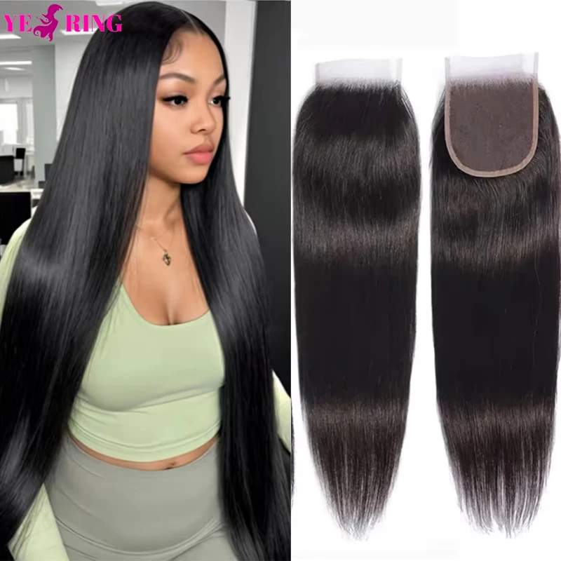 

YEORING Store, прямые 4 × 4, кружевная застежка, человеческие волосы, расплавленная кожа, прозрачная швейцарская кружевная застежка, 100% человеческие волосы, бразильские волосы Remy