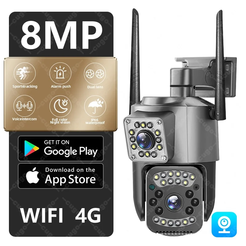 감시 4G 와이파이 카메라, 8MP 스마트 홈 IP 카메라, 듀얼 렌즈 파노라마 PTZ 베이비 모니터, 동작 감지 보안 야외 CCTV